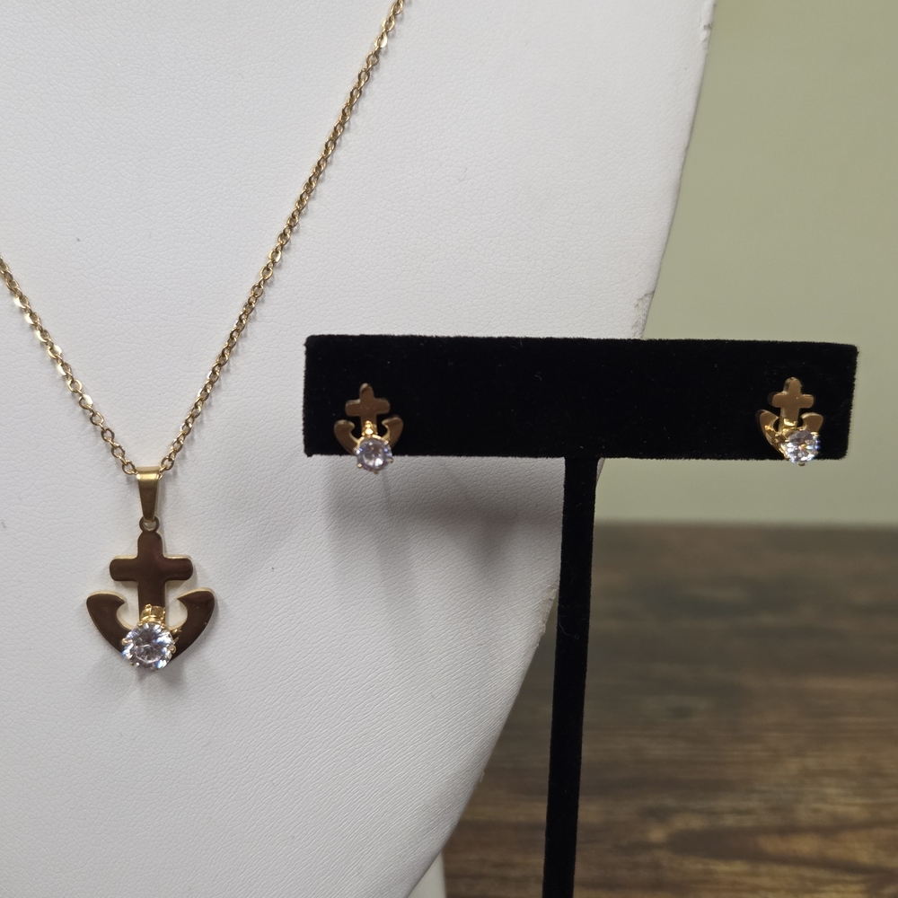 Goldtone Stainless Steel Anchor Pendant Necklace and Earrings Set